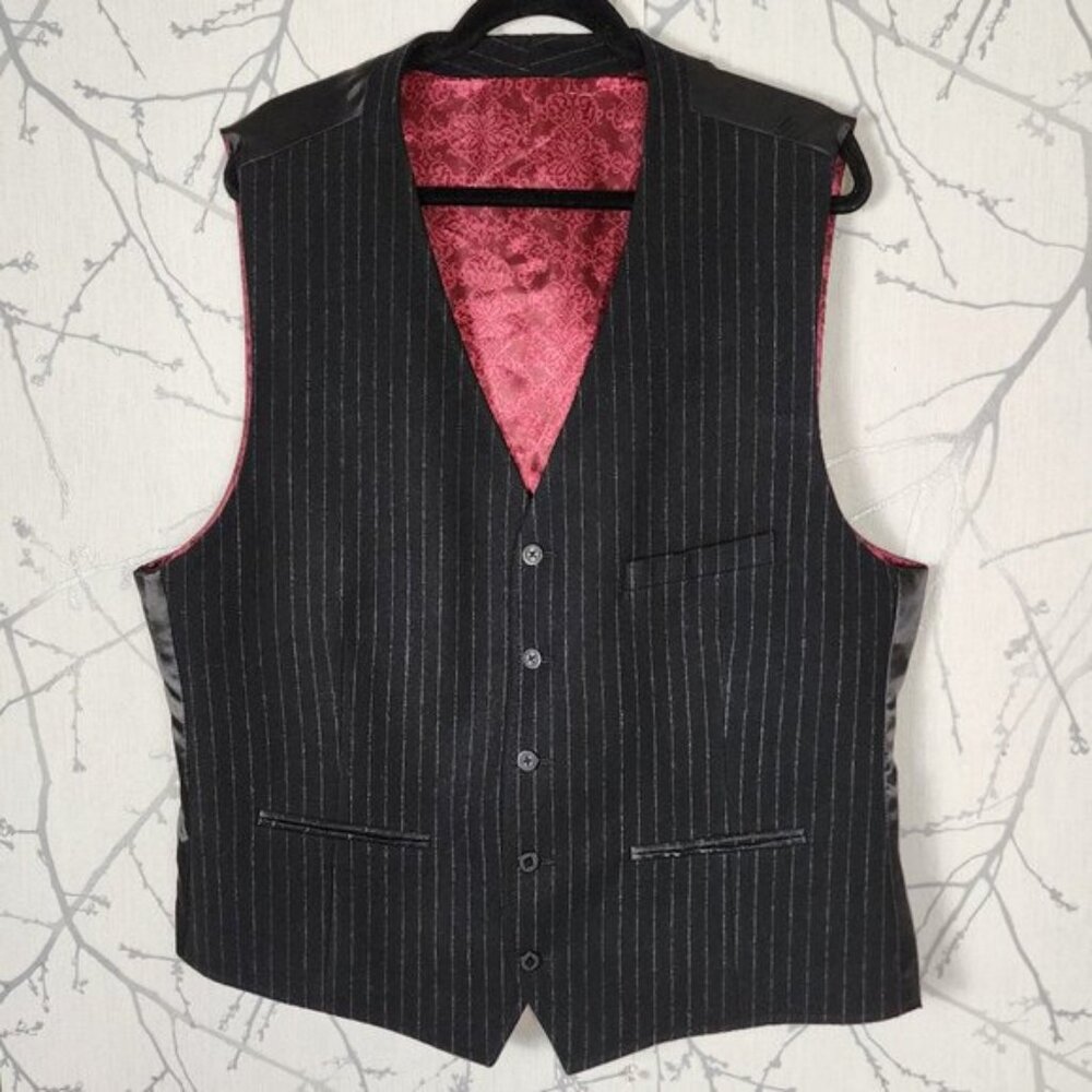 Russell Simmons Black Pinstripe Wool Button Front Waistcoat